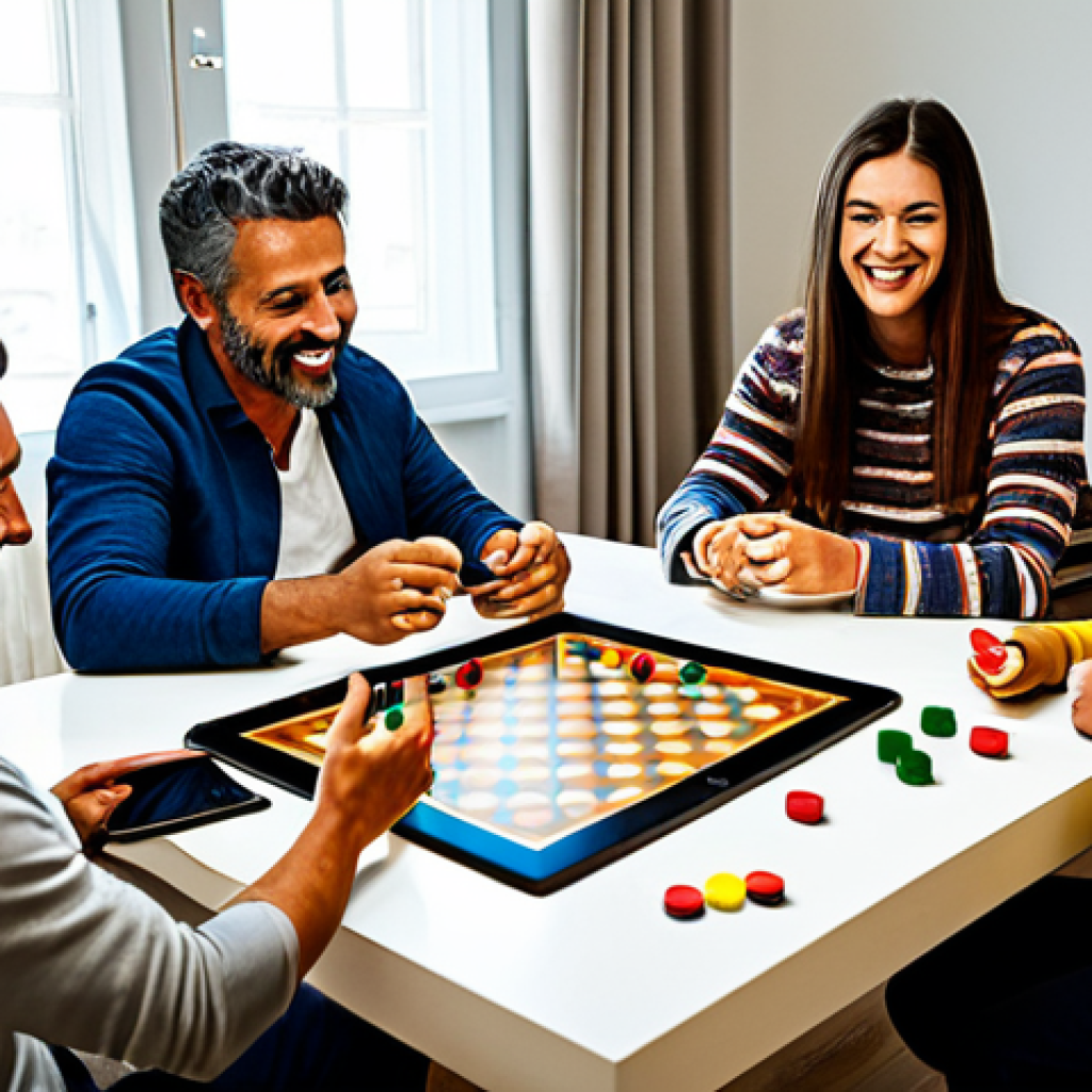 Interactive Storytelling**

"A diverse group of people enthusiastically playing a collaborative storytelling game around a table in a brightly lit living room. They are using tablets and traditional game pieces.  Everyone is fully clothed in casual, modern Portuguese fashion.  The scene should evoke a sense of creativity and shared experience, reflecting the interactive nature of the game. Safe for work, appropriate content, fully clothed, family-friendly, professional photography, perfect anatomy, natural proportions, well-formed hands."

**