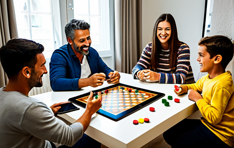 Interactive Storytelling**

"A diverse group of people enthusiastically playing a collaborative storytelling game around a table in a brightly lit living room. They are using tablets and traditional game pieces.  Everyone is fully clothed in casual, modern Portuguese fashion.  The scene should evoke a sense of creativity and shared experience, reflecting the interactive nature of the game. Safe for work, appropriate content, fully clothed, family-friendly, professional photography, perfect anatomy, natural proportions, well-formed hands."

**