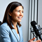 Modern Professional Podcast Recording**

"A professional woman, fully clothed in a modest business casual outfit, recording a podcast in a modern studio. She's speaking into a high-quality microphone, with soundproofing panels visible in the background. The scene is well-lit, and the focus is on her engaging expression. Appropriate attire, safe for work, family-friendly, perfect anatomy, natural pose, well-formed hands, proper finger count, professional photography, high quality."

**