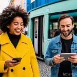 Home 11 미디어와 글로벌 네트워크 - **Prompt:** A vibrant, dynamic street scene in Lisbon, Portugal, bustling with diverse Portuguese pe...