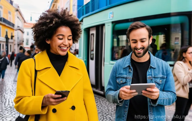 미디어와 글로벌 네트워크 - **Prompt:** A vibrant, dynamic street scene in Lisbon, Portugal, bustling with diverse Portuguese pe...