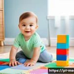 Home 9 미디어와 리더십 - **A young child (baby) wearing a diaper is playing with colorful building blocks on a soft, patterne...