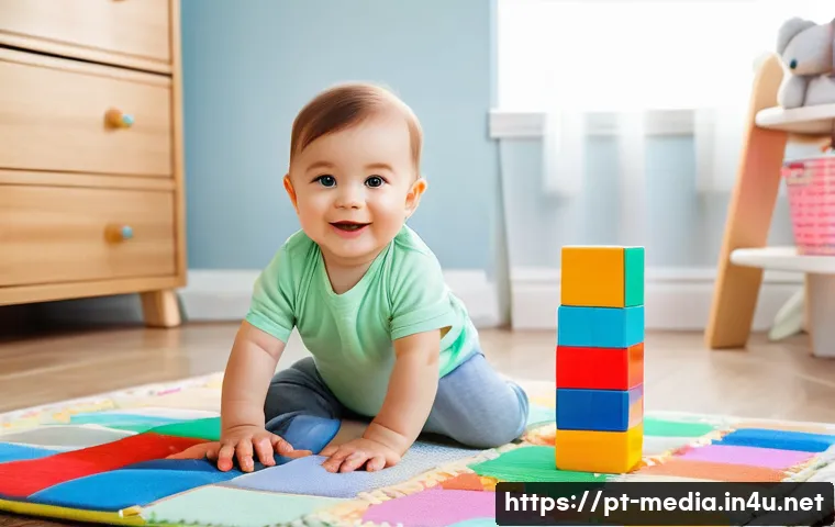 미디어와 리더십 - **A young child (baby) wearing a diaper is playing with colorful building blocks on a soft, patterne...