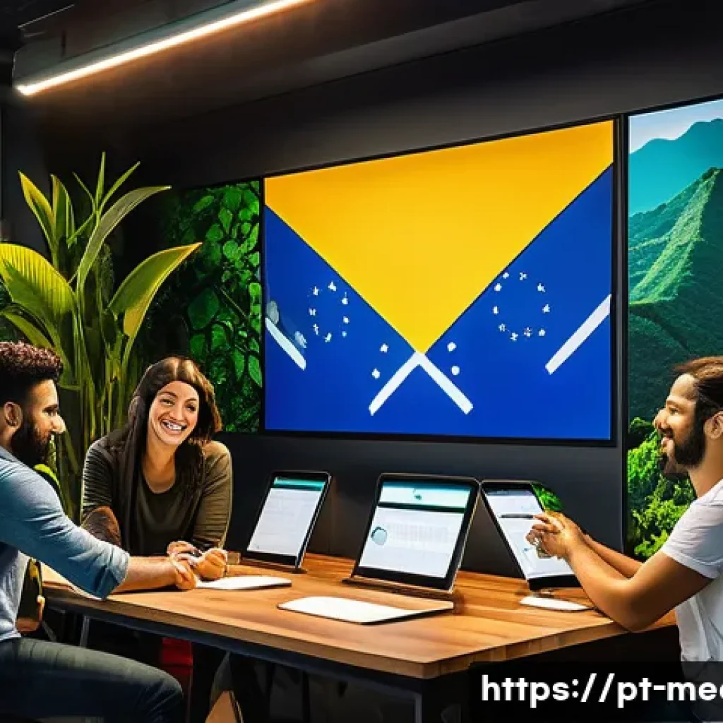 디지털 미디어 기업 분석 - A vibrant digital marketing office scene focused on audience engagement strategies: a diverse team o...