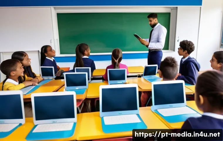 디지털 미디어의 교육적 활용 - A modern classroom scene in Brazil featuring a diverse group of students using tablets and laptops, ...