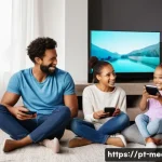 Home 22 미디어 기술 변화 - A vibrant modern living room scene showing a diverse family of four comfortably watching streaming c...