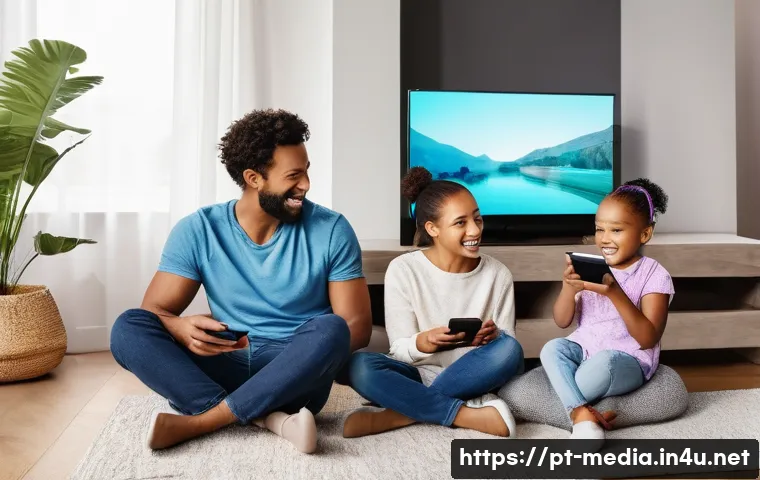 미디어 기술 변화 - A vibrant modern living room scene showing a diverse family of four comfortably watching streaming c...