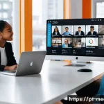Home 21 미디어 전문가 인터뷰 - A modern digital marketing office scene showcasing a diverse team of young professionals collaborati...