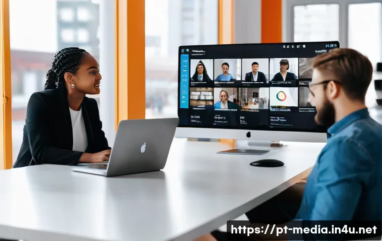 미디어 전문가 인터뷰 - A modern digital marketing office scene showcasing a diverse team of young professionals collaborati...