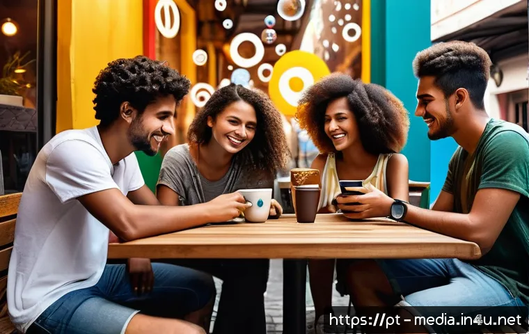 미디어 및 커뮤니케이션 이론 - A vibrant digital art scene showing a diverse group of young adults interacting with social media on...