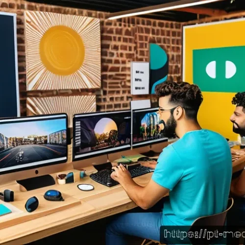 Home 31 미디어 산업의 국제화 - A vibrant digital workspace showcasing a diverse group of content creators from Brazil collaborating...