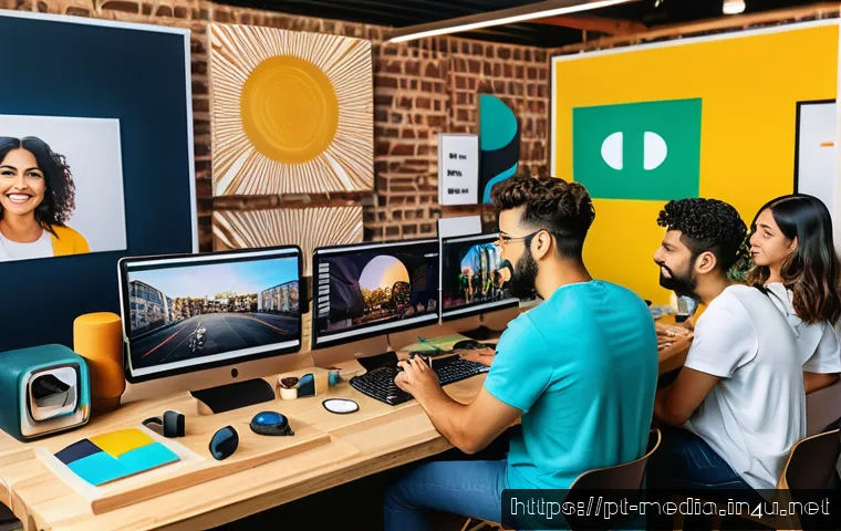 미디어 산업의 국제화 - A vibrant digital workspace showcasing a diverse group of content creators from Brazil collaborating...