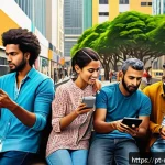 Home 18 미디어의 심리적 영향 - A detailed digital art scene of a diverse group of adults in a modern Brazilian urban setting, each ...