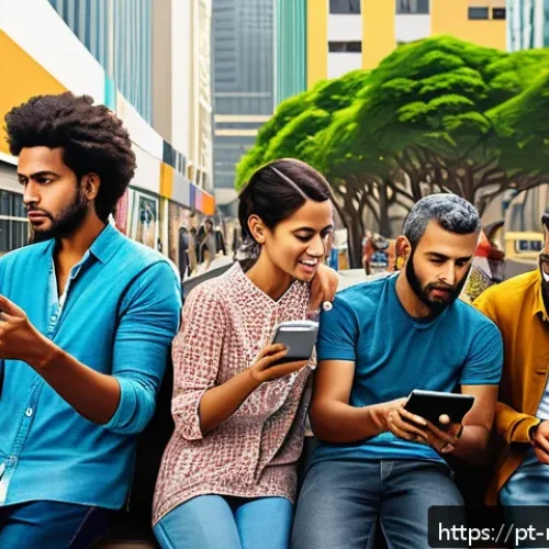 Home 30 미디어의 심리적 영향 - A detailed digital art scene of a diverse group of adults in a modern Brazilian urban setting, each ...