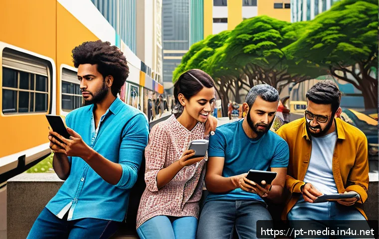 미디어의 심리적 영향 - A detailed digital art scene of a diverse group of adults in a modern Brazilian urban setting, each ...