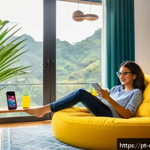 Home 17 미디어와 인공지능 - A modern Brazilian living room scene featuring a young adult woman using a smartphone and a tablet s...