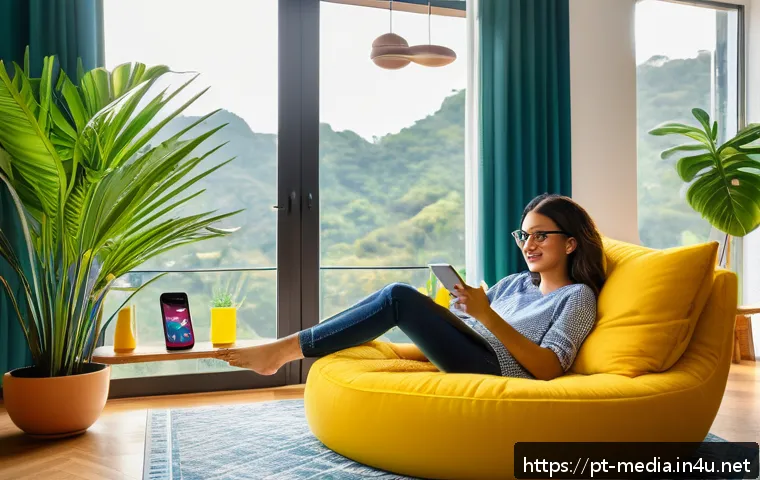 미디어와 인공지능 - A modern Brazilian living room scene featuring a young adult woman using a smartphone and a tablet s...