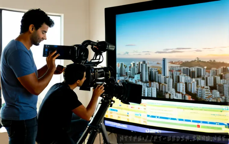 Home 15 미디어와 기술 융합 - Photorealistic Brazilian media production studio, a diverse creative team reviewing a large interact...
